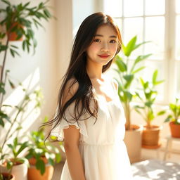 A beautiful Korean girl standing in a sunlit room, basking in the warm morning sunshine