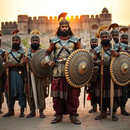 A group of men dressed in traditional Rajput armor, standing proudly in a dynamic pose that showcases their warrior spirit and strength