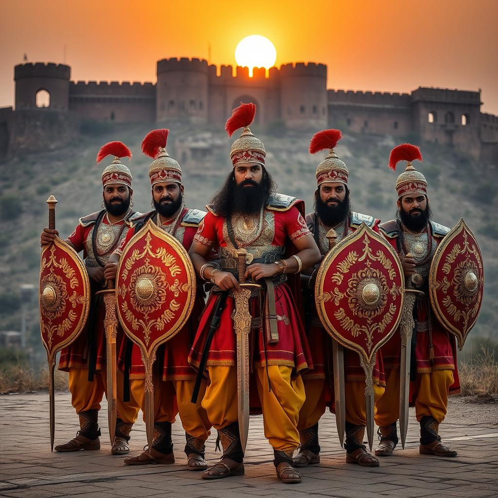 A group of men dressed in traditional Rajput armor, standing proudly in a dynamic pose that showcases their warrior spirit and strength