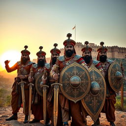 A group of men dressed in traditional Rajput armor, standing proudly in a dynamic pose that showcases their warrior spirit and strength