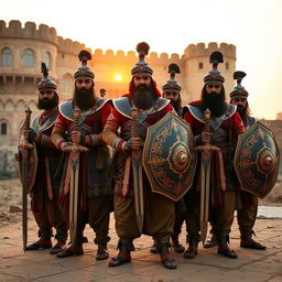 A group of men dressed in traditional Rajput armor, standing proudly in a dynamic pose that showcases their warrior spirit and strength
