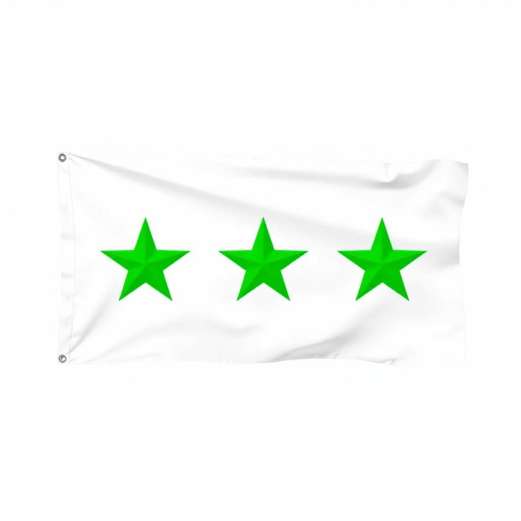 A stylish and unconventional flag design featuring three horizontal sections: the top section is pure white, the middle section is also white with three bright green stars evenly spaced side by side, and the bottom section is solid black