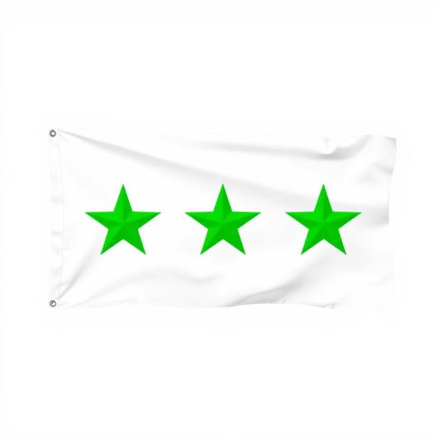 A stylish and unconventional flag design featuring three horizontal sections: the top section is pure white, the middle section is also white with three bright green stars evenly spaced side by side, and the bottom section is solid black