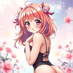 An anime girl in a suggestive pose, emphasizing her curvy figure with vibrant hair and bright, expressive eyes