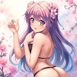 An anime girl in a suggestive pose, emphasizing her curvy figure with vibrant hair and bright, expressive eyes