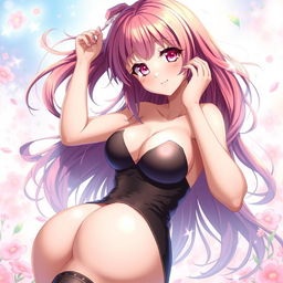 An anime girl in a suggestive pose, emphasizing her curvy figure with vibrant hair and bright, expressive eyes