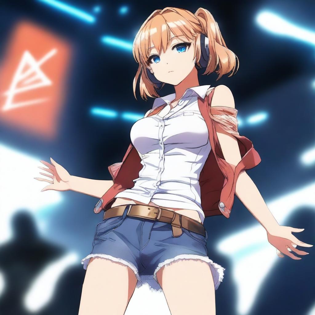 An anime-style digital art image featuring a full-body view of a singer girl, from her legs to her head