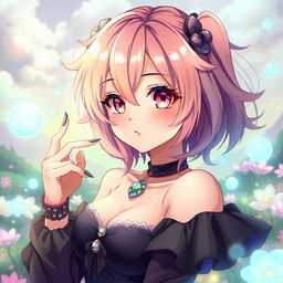 A stylish anime girl with vibrant hair in a fantasy setting, showcasing a dramatic pose that exudes confidence and allure, surrounded by mystical elements like glowing orbs and ethereal flowers