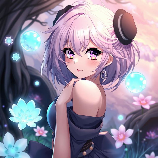 A stylish anime girl with vibrant hair in a fantasy setting, showcasing a dramatic pose that exudes confidence and allure, surrounded by mystical elements like glowing orbs and ethereal flowers