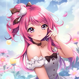 A stylish anime girl with vibrant hair in a fantasy setting, showcasing a dramatic pose that exudes confidence and allure, surrounded by mystical elements like glowing orbs and ethereal flowers