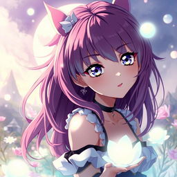 A stylish anime girl with vibrant hair in a fantasy setting, showcasing a dramatic pose that exudes confidence and allure, surrounded by mystical elements like glowing orbs and ethereal flowers