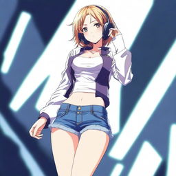 An anime-style digital art image featuring a full-body view of a singer girl, from her legs to her head