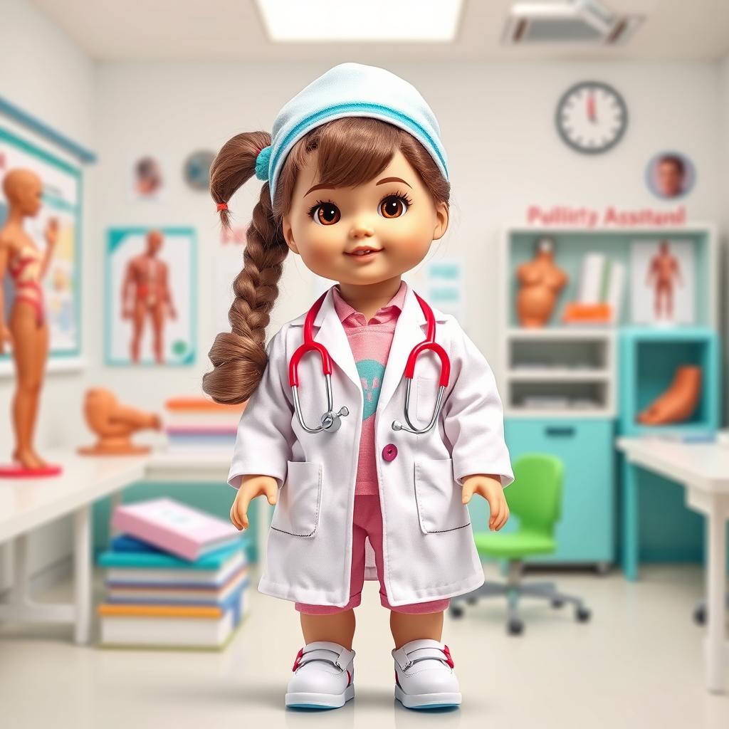 A vibrant and imaginative poster featuring a doll dressed as a student aspiring to be a surgeon's assistant