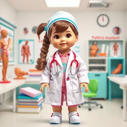 A vibrant and imaginative poster featuring a doll dressed as a student aspiring to be a surgeon's assistant