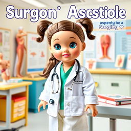 A vibrant and imaginative poster featuring a doll dressed as a student aspiring to be a surgeon's assistant