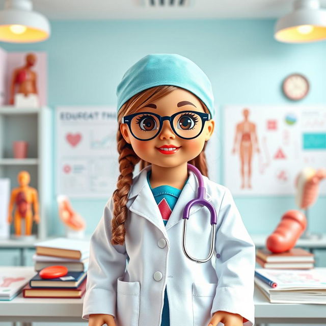 A vibrant and imaginative poster featuring a doll dressed as a student aspiring to be a surgeon's assistant