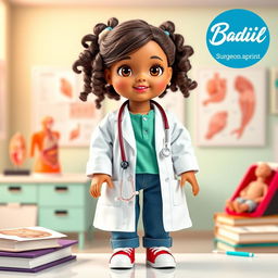 A vibrant and imaginative poster featuring a doll dressed as a student aspiring to be a surgeon's assistant