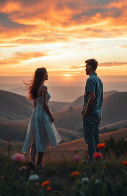 A poignant scene depicting a woman and a man separated by distance, standing on opposite sides of a vast, scenic landscape
