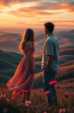 A poignant scene depicting a woman and a man separated by distance, standing on opposite sides of a vast, scenic landscape