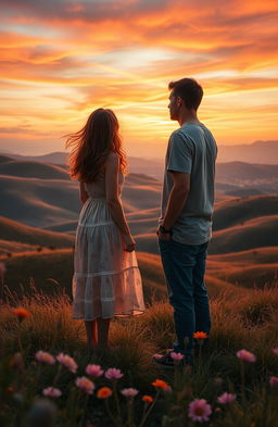 A poignant scene depicting a woman and a man separated by distance, standing on opposite sides of a vast, scenic landscape