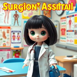 A delightful poster featuring a doll with black hair and a circular face, showcasing a bright white complexion