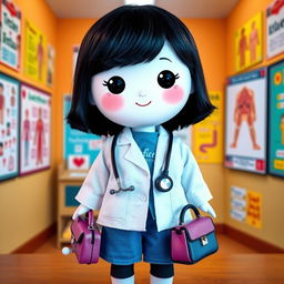 A delightful poster featuring a doll with black hair and a circular face, showcasing a bright white complexion