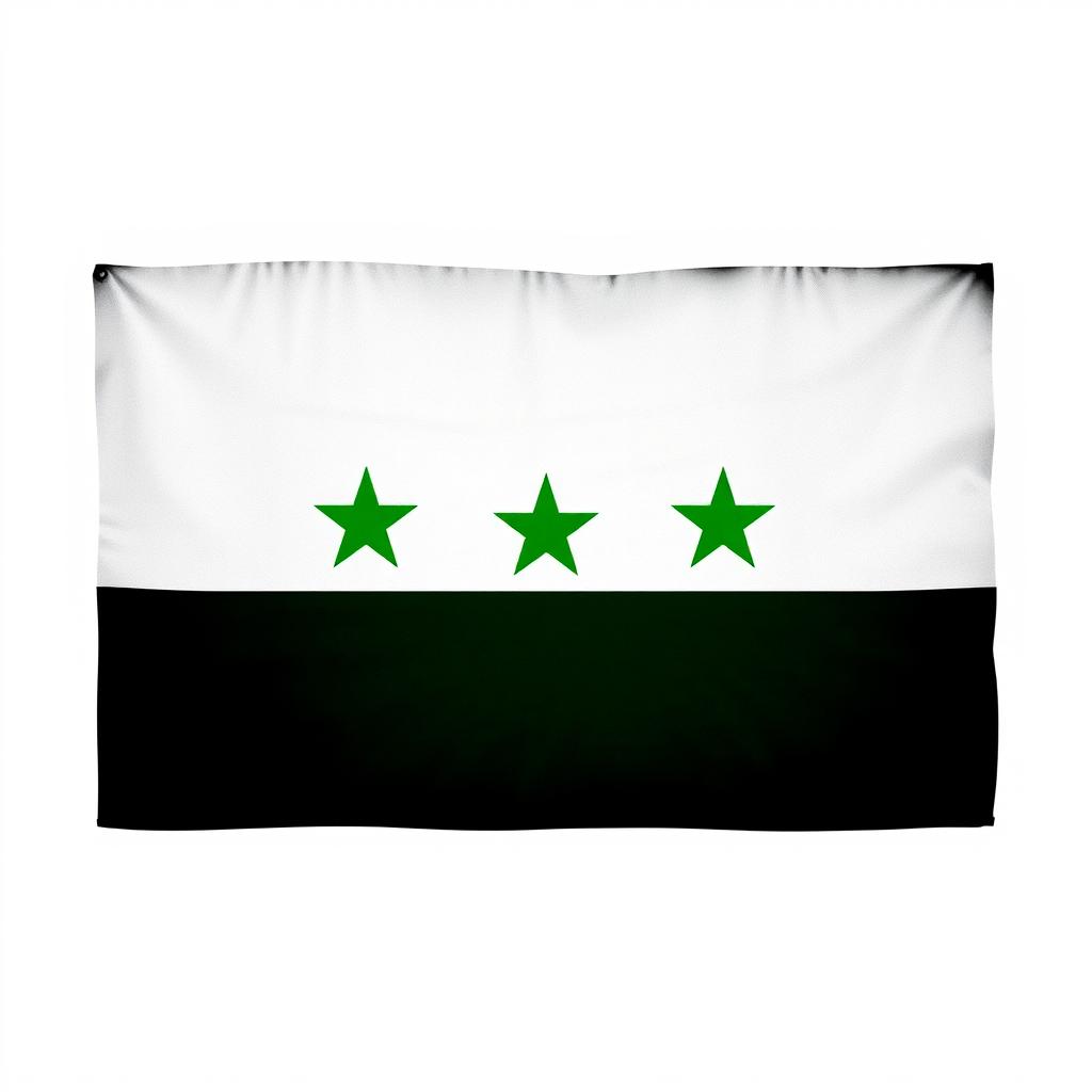 An artistic representation of a flag featuring three horizontal stripes: a white top stripe, a green middle stripe, and a black bottom stripe