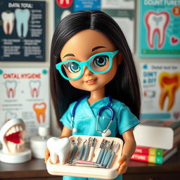 A charming and vibrant poster featuring a girl doll with sleek black hair (without bangs) and a wheat complexion