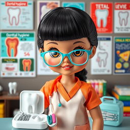 A charming and vibrant poster featuring a girl doll with sleek black hair (without bangs) and a wheat complexion