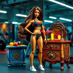 A striking poster featuring a bodybuilding instructor doll with long, flowing brown hair and Jugandami skin (a warm golden-brown complexion)
