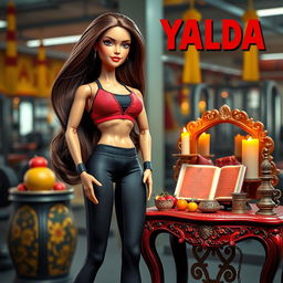 A striking poster featuring a bodybuilding instructor doll with long, flowing brown hair and Jugandami skin (a warm golden-brown complexion)