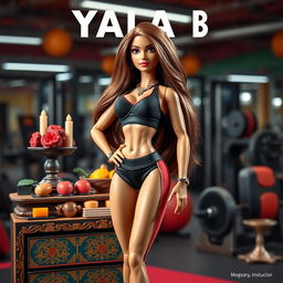 A striking poster featuring a bodybuilding instructor doll with long, flowing brown hair and Jugandami skin (a warm golden-brown complexion)