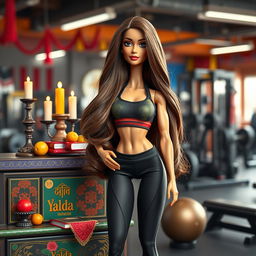 A striking poster featuring a bodybuilding instructor doll with long, flowing brown hair and Jugandami skin (a warm golden-brown complexion)