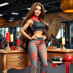 A stunning poster featuring a Muslim bodybuilding instructor doll with long, flowing brown hair and Jugandami skin (a warm golden-brown complexion)