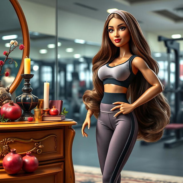 A stunning poster featuring a Muslim bodybuilding instructor doll with long, flowing brown hair and Jugandami skin (a warm golden-brown complexion)