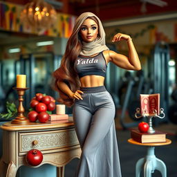 A stunning poster featuring a Muslim bodybuilding instructor doll with long, flowing brown hair and Jugandami skin (a warm golden-brown complexion)