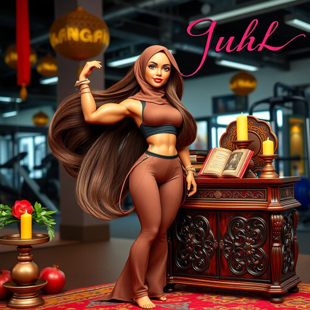 A stunning poster featuring a Muslim bodybuilding instructor doll with long, flowing brown hair and Jugandami skin (a warm golden-brown complexion)