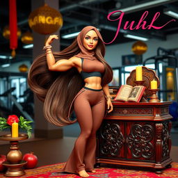 A stunning poster featuring a Muslim bodybuilding instructor doll with long, flowing brown hair and Jugandami skin (a warm golden-brown complexion)