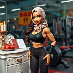 A captivating poster featuring a Muslim bodybuilding instructor doll wearing a stylish hijab, complemented by her long hair peeking out