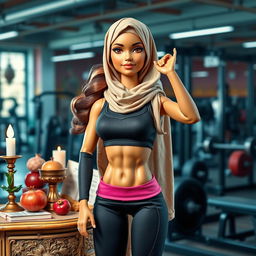 A captivating poster featuring a Muslim bodybuilding instructor doll wearing a stylish hijab, complemented by her long hair peeking out