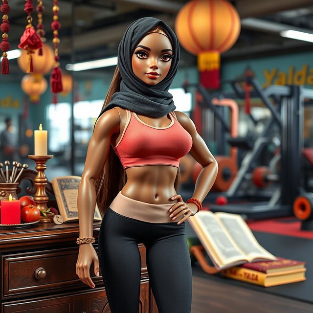 A captivating poster featuring a Muslim bodybuilding instructor doll wearing a stylish hijab, complemented by her long hair peeking out
