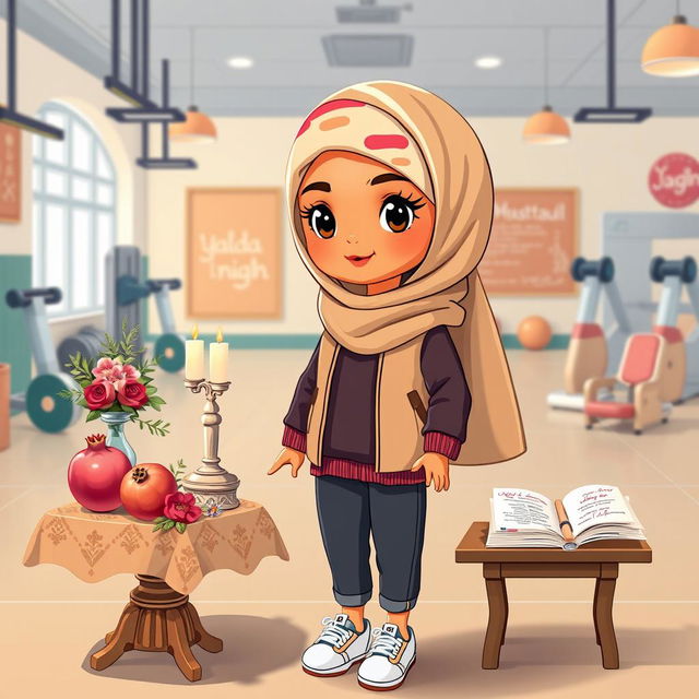 A charming illustration of a sports coach doll wearing a stylish outfit and a colorful hijab that frames her face