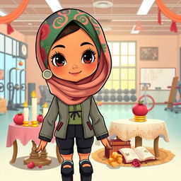 A charming illustration of a sports coach doll wearing a stylish outfit and a colorful hijab that frames her face