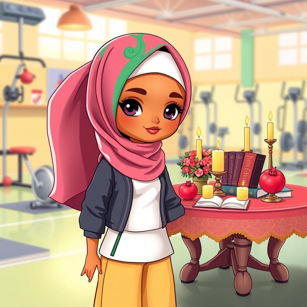 A charming illustration of a sports coach doll wearing a stylish outfit and a colorful hijab that frames her face