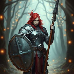 A variant human cleric with vibrant red hair, clad in shiny chain mail armor, demonstrating a strong and determined stance