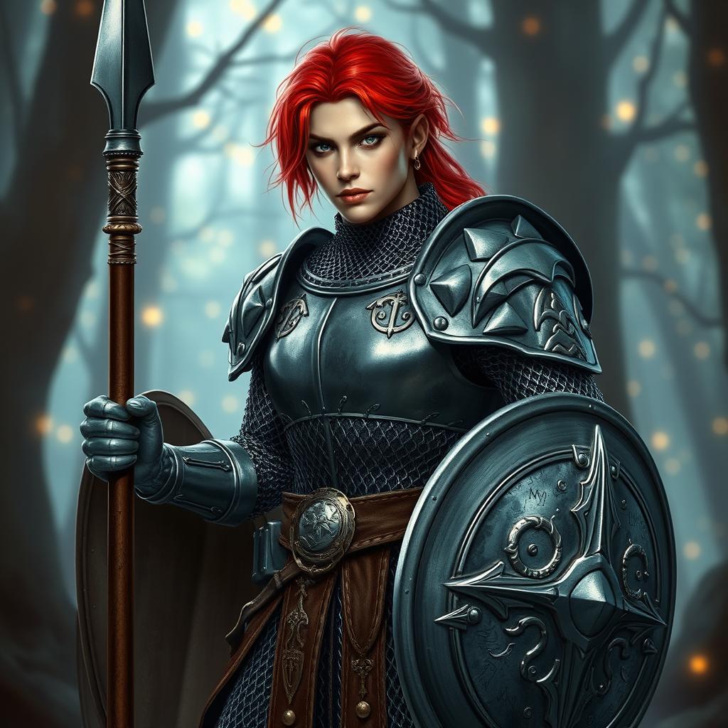 A variant human cleric with vibrant red hair, clad in shiny chain mail armor, demonstrating a strong and determined stance