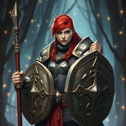 A variant human cleric with vibrant red hair, clad in shiny chain mail armor, demonstrating a strong and determined stance