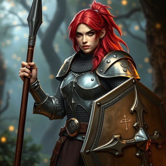 A variant human cleric with vibrant red hair, clad in shiny chain mail armor, demonstrating a strong and determined stance