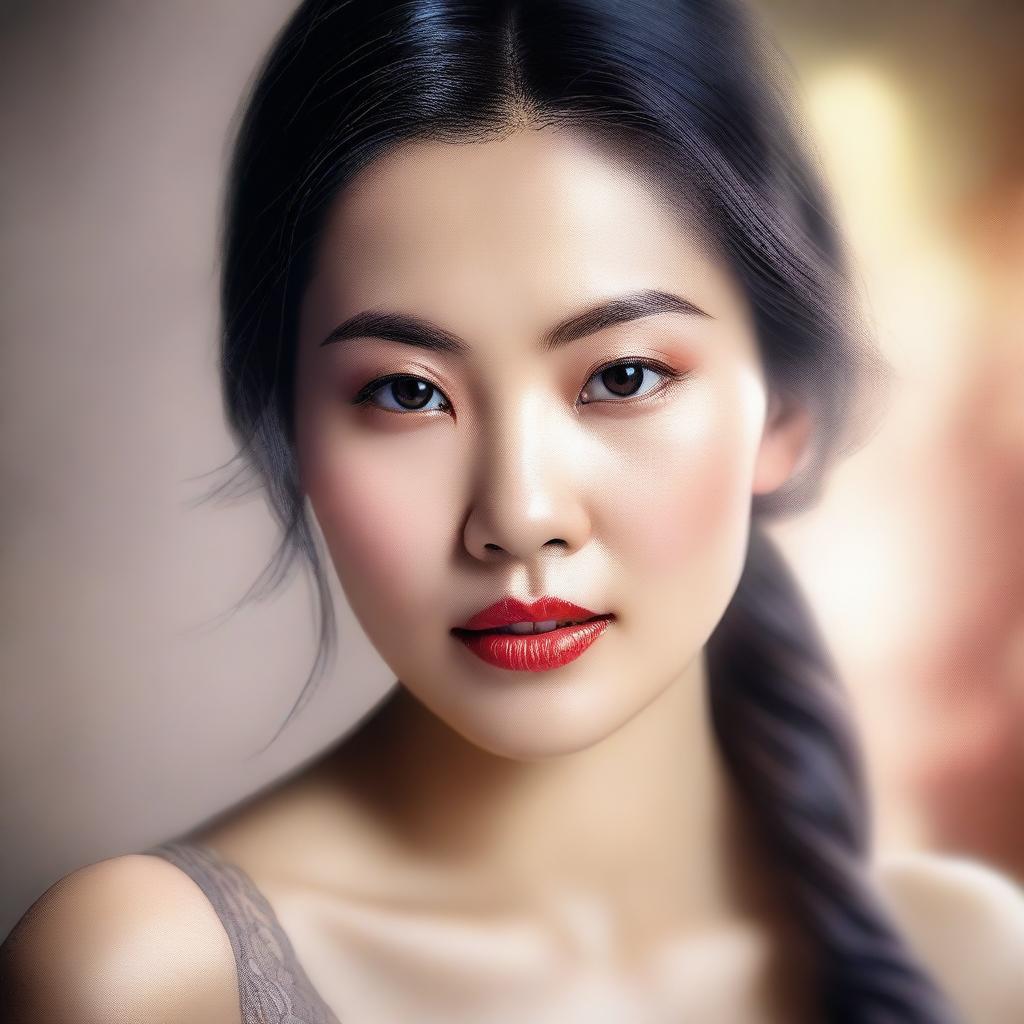 An image of a stunning Asian woman, her eyes radiating warmth and intelligence