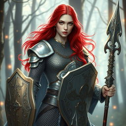 An androgynous variant human cleric with striking red hair, elegantly draped in reflective chain mail armor